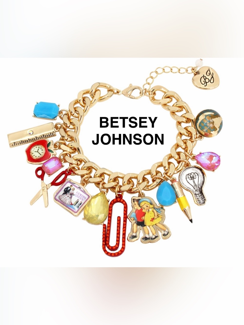 Betsey Johnson Gold Plated Multicolor Charm Link Bracelet